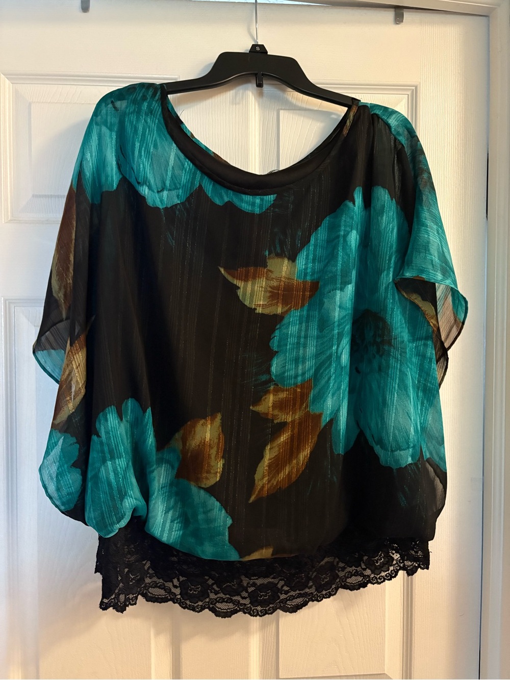 Zac & Rachel Black Sheer Blouse with Teal Floral Print